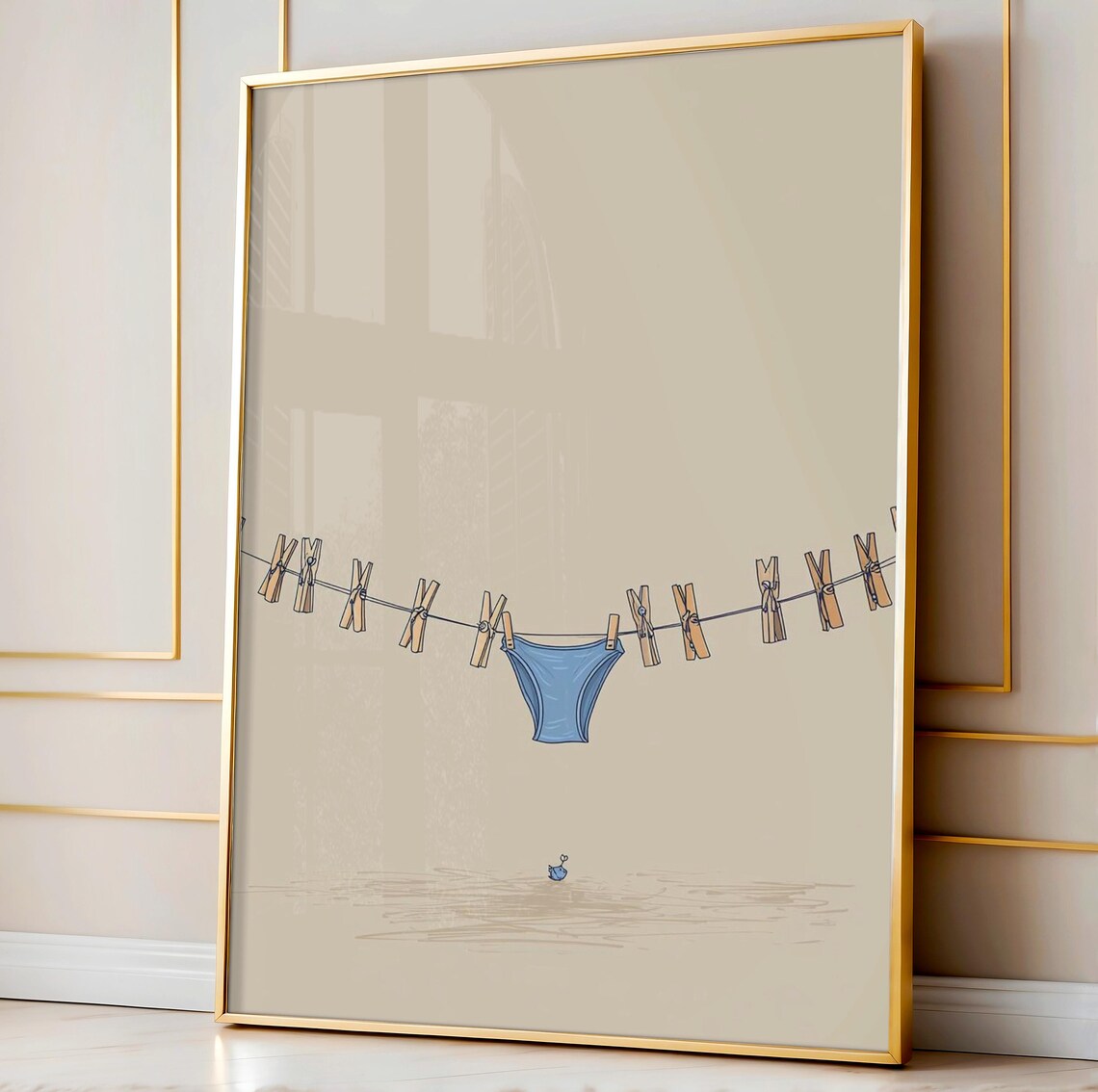 Minimalist Tiny Blue Panty Print Coastal Clothesline Wall Art Modern Summer Apartment Decor Illustration