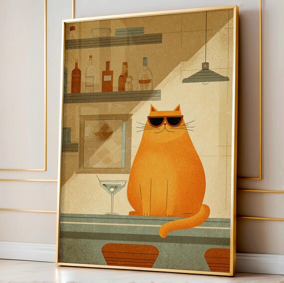 Cool Orange Cat Sunglasses Martini Bar Mid Century Poster for Lounges