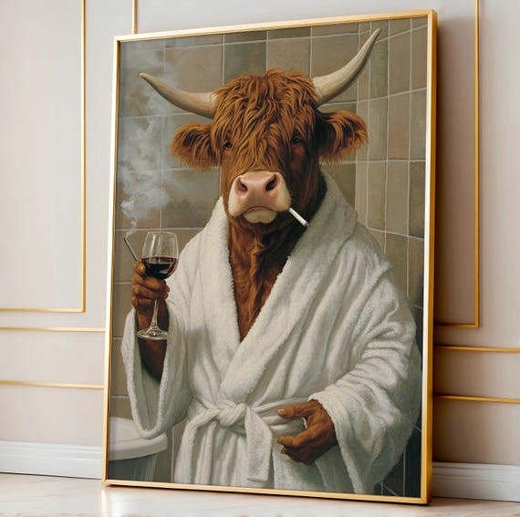 Funny Animal Poster Scottish Highland Cow In Bathrobe With Wine Decor Bathroom Lover Gift