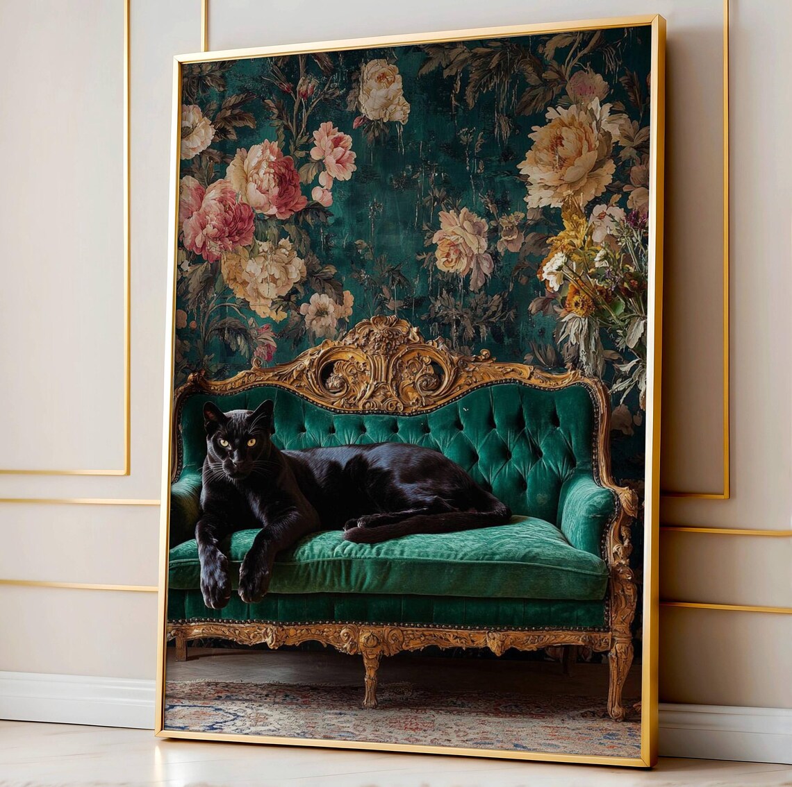 Maximalist Panther Art Print, Bold Floral Jungle Glam