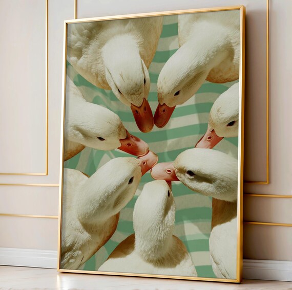 Funny Duck Circle Sage Green Minimalist White Duck Art Poster Decor