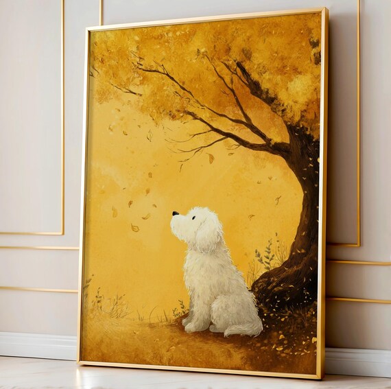Fluffy White Puppy Under Golden Autumn Tree Storybook Nursery Poster