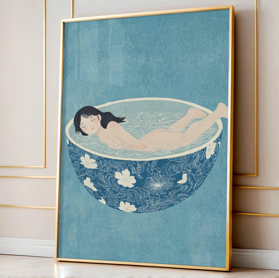 Woman Relaxing in Ramen Bowl Blue Floral Whimsical Art Poster