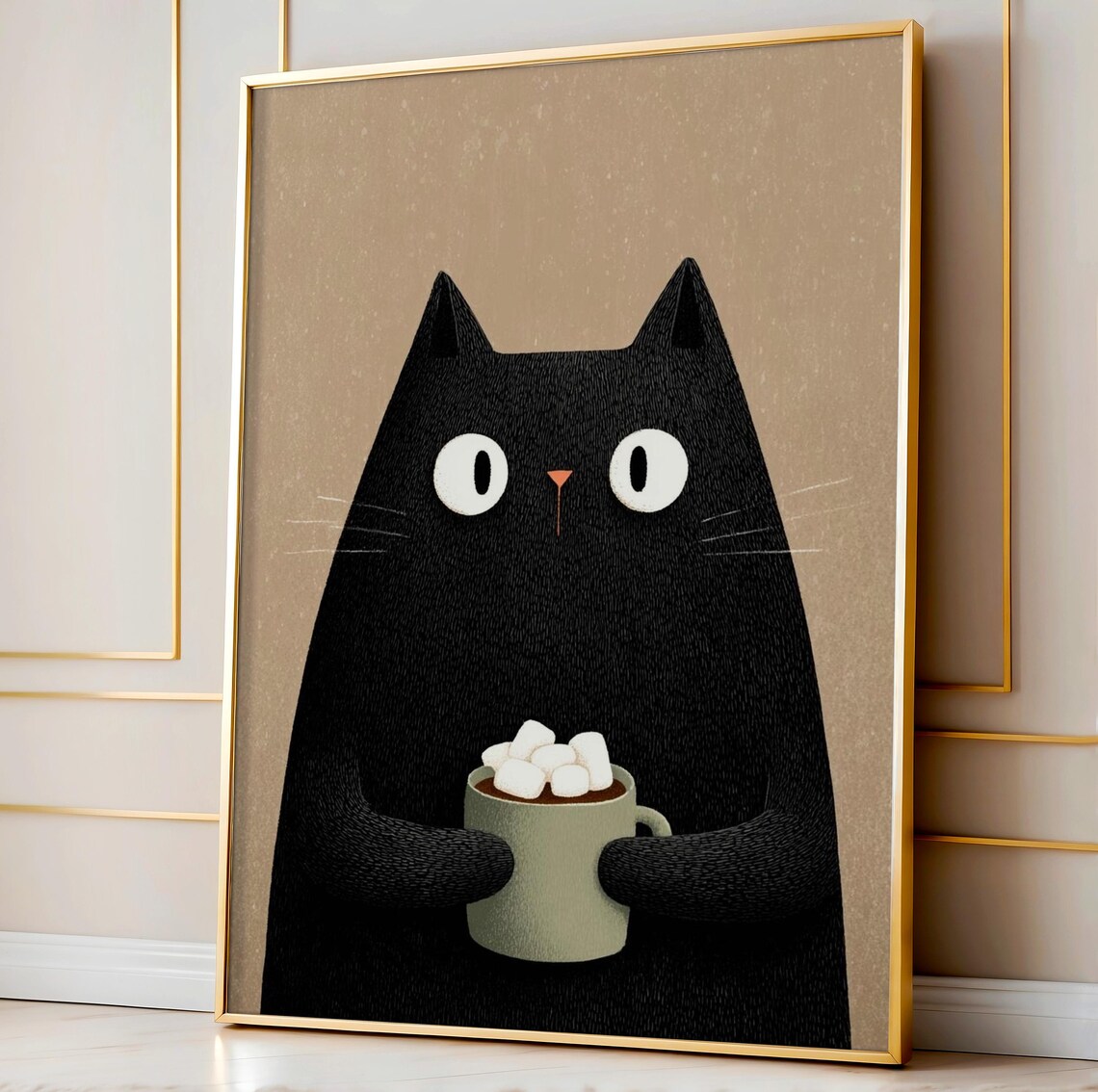 Cozy Hot Chocolate Cat Minimalist Art Print