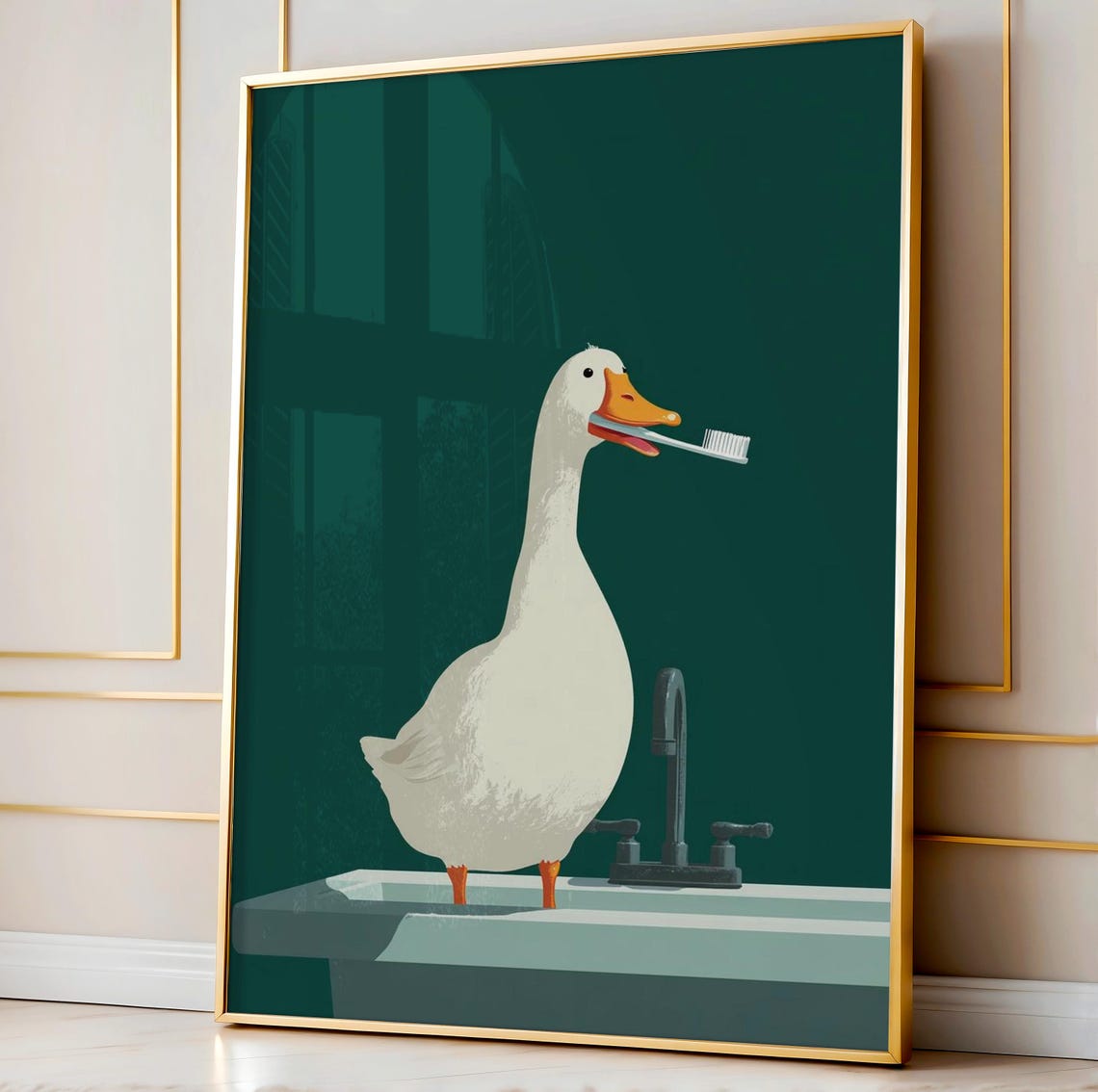 Funny White Goose Brushing Teeth at the Bathroom Sink Poster