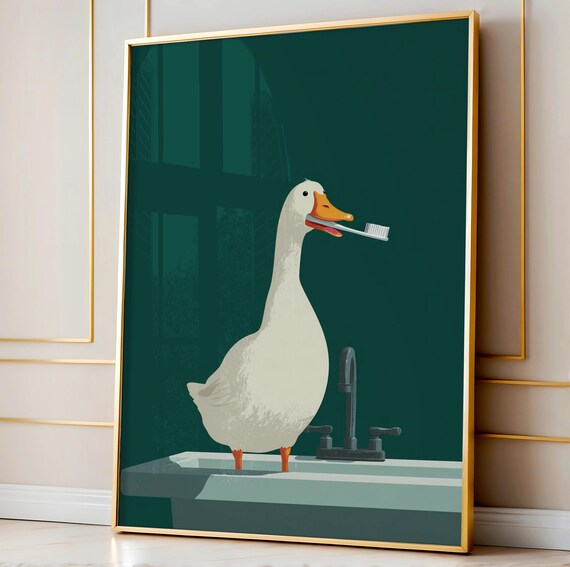 Funny White Goose Brushing Teeth at the Bathroom Sink Poster