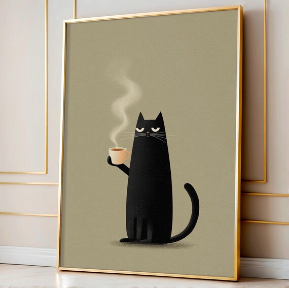 Minimalist Black Cat Holding Tea Poster on Sage Green Background