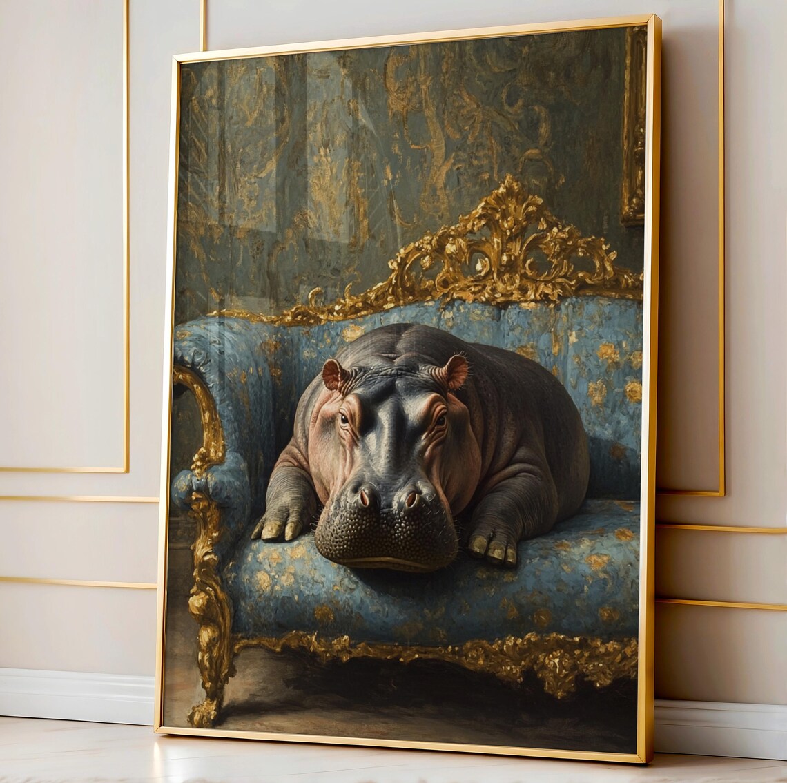 Hippo On Ornate Sofa Art Print, Elegant Animal Decor