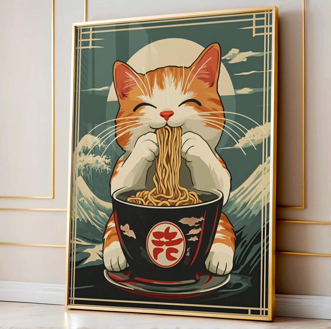 Cat Eating Ramen Retro Kitchen Wall Art Print