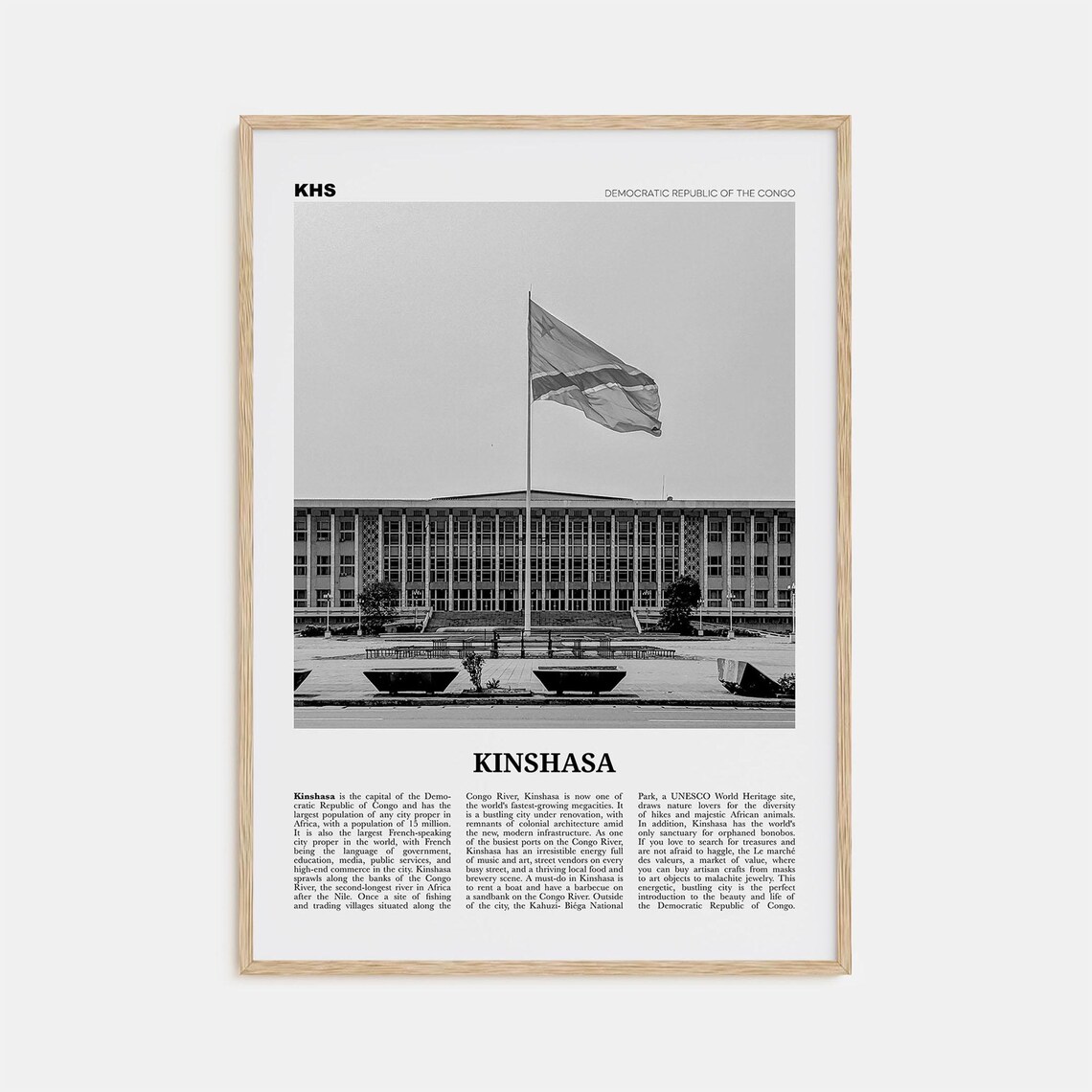Kinshasa Black and White Travel Poster, Wall Decor