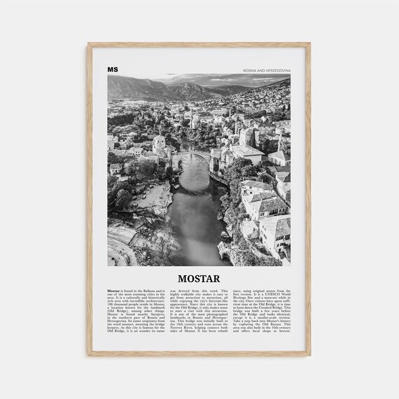 Mostar Black and White Travel Poster, Bosnia Map