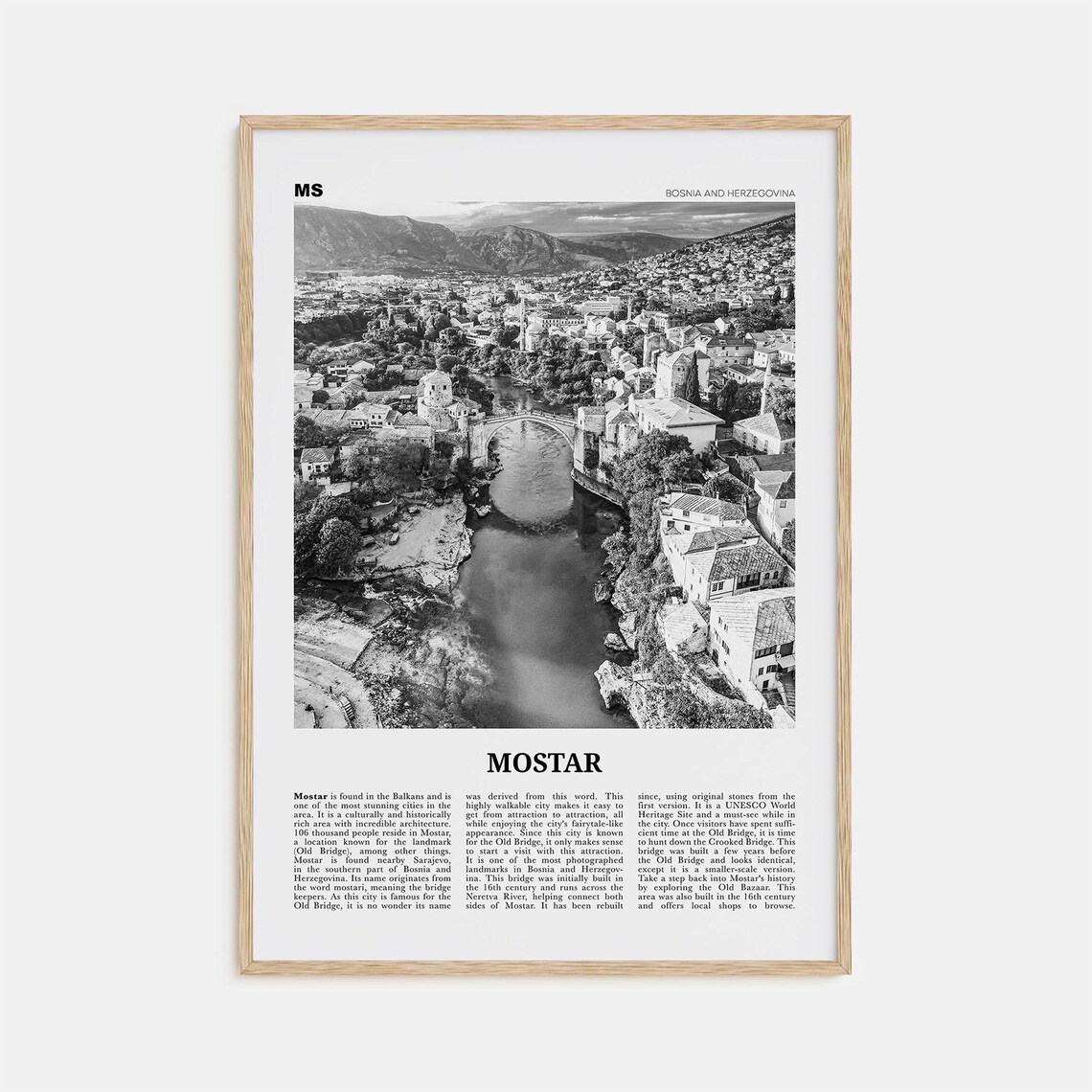 Mostar Black and White Travel Poster, Bosnia Map