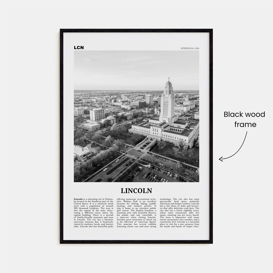Lincoln Black and White Travel Poster, Nebraska USA - Image 3