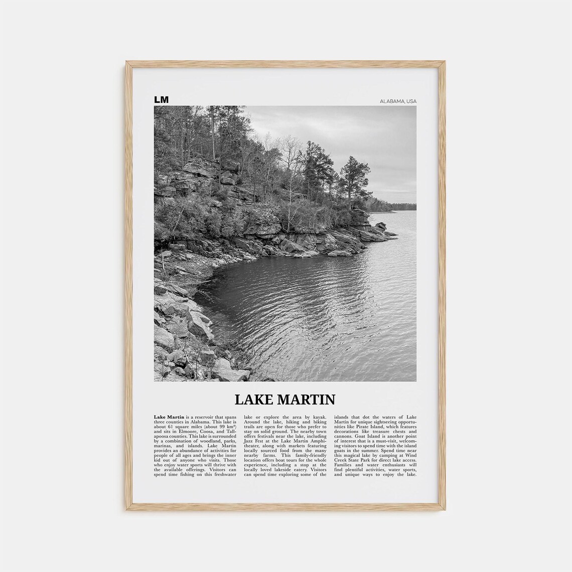 Lake Martin Black and White Travel Poster, Alabama