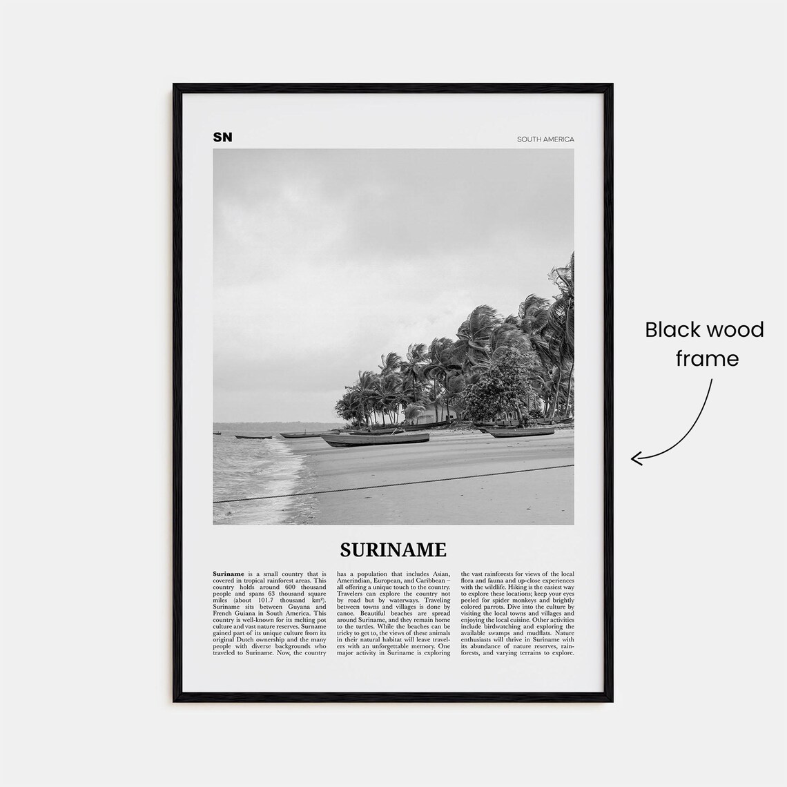 Suriname Black and White Travel Map Art Print - Image 3