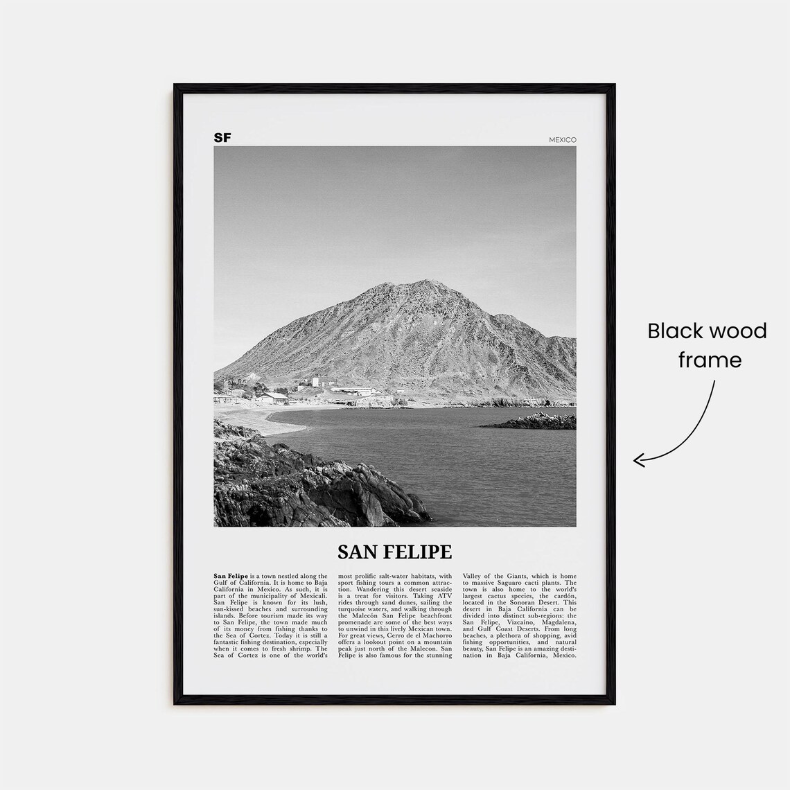 San Felipe Black and White Travel Map Poster, Mexico - Image 3
