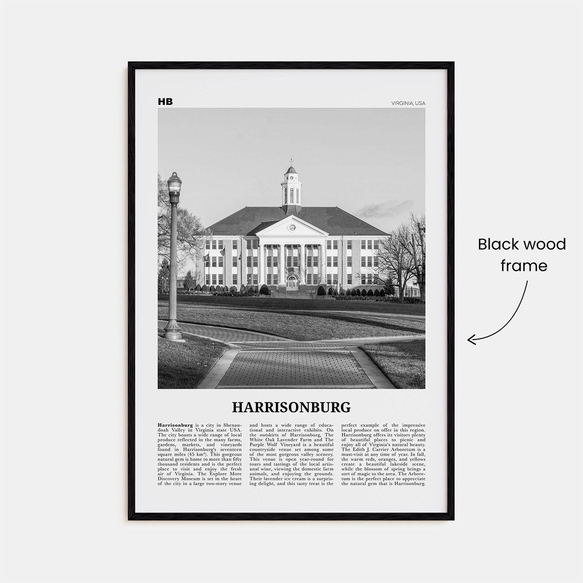 Harrisonburg Black And White Map Travel Poster - Image 3
