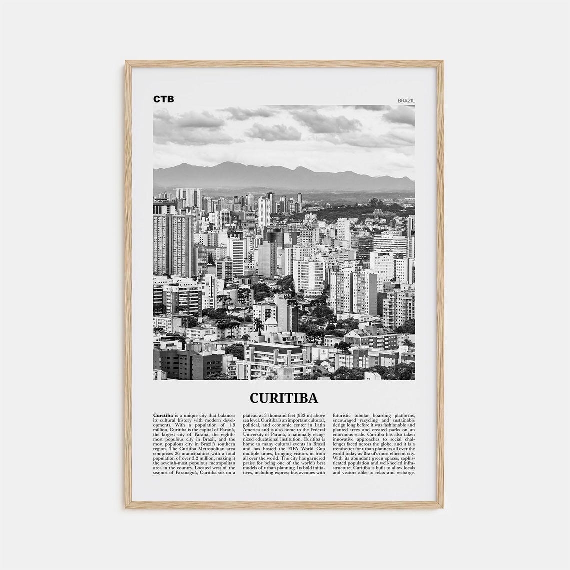 Curitiba Black and White Travel Poster, Brazil
