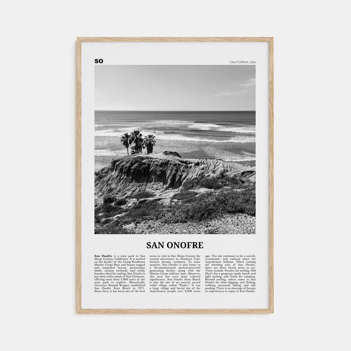 San Onofre Black and White Travel Poster, San Diego