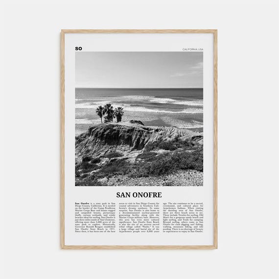 San Onofre Black and White Travel Poster, San Diego