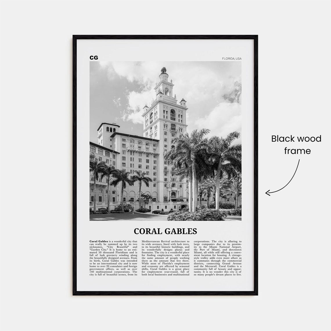 Coral Gables Florida Black and White Travel Poster - Image 3
