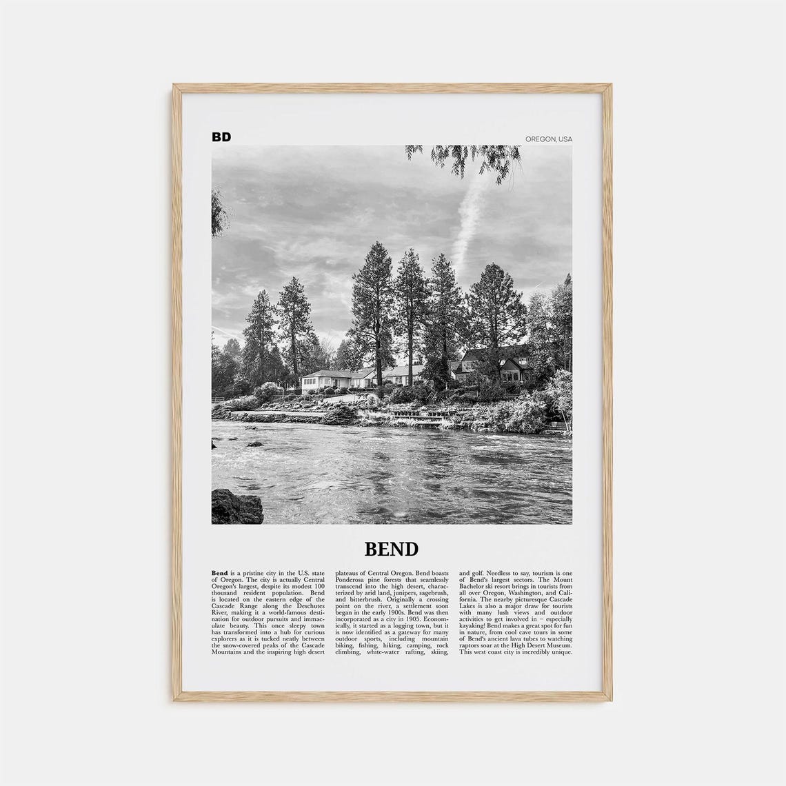 Bend Black and White Travel Poster, Oregon USA