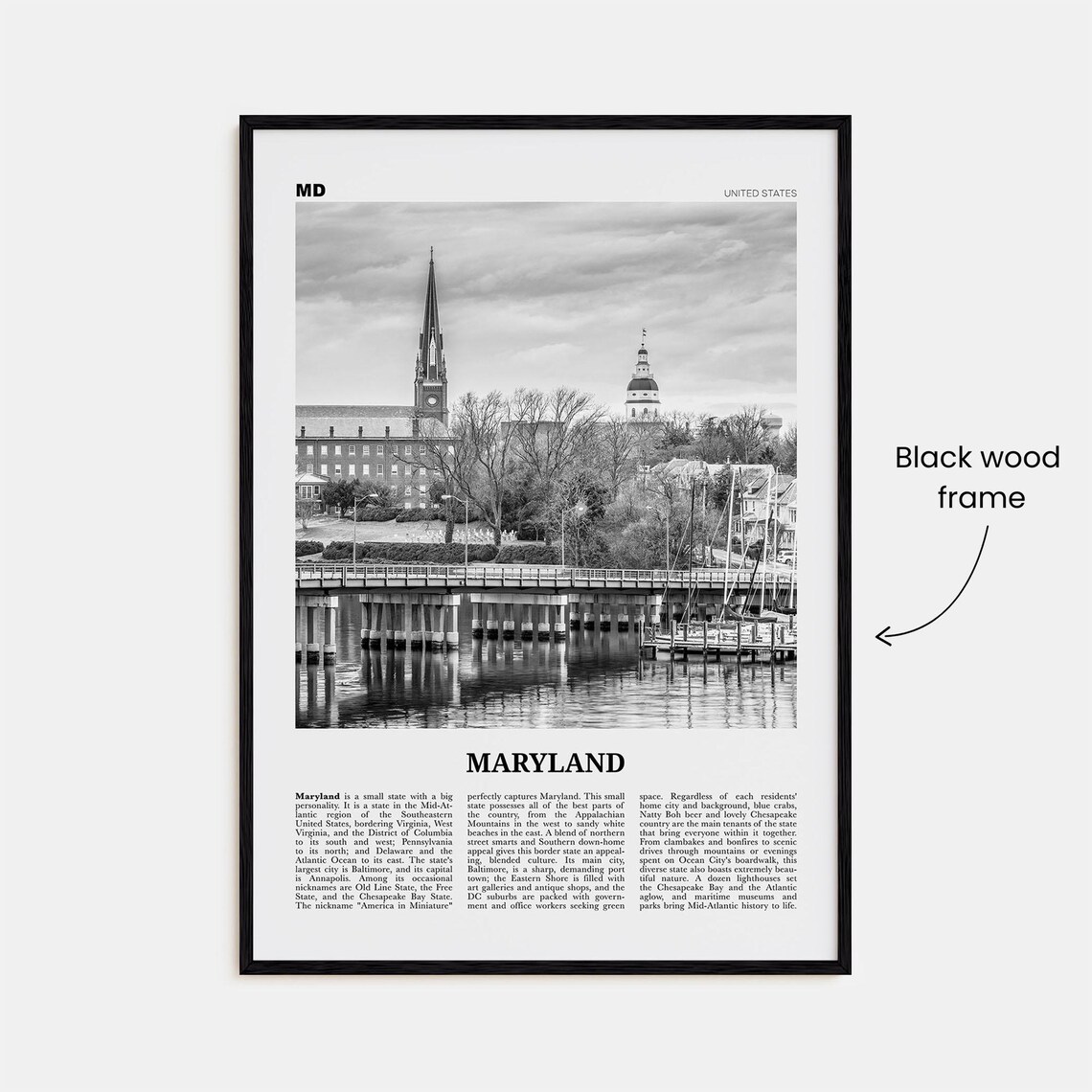 Maryland Black and White Art Print, USA Wall Art - Image 3