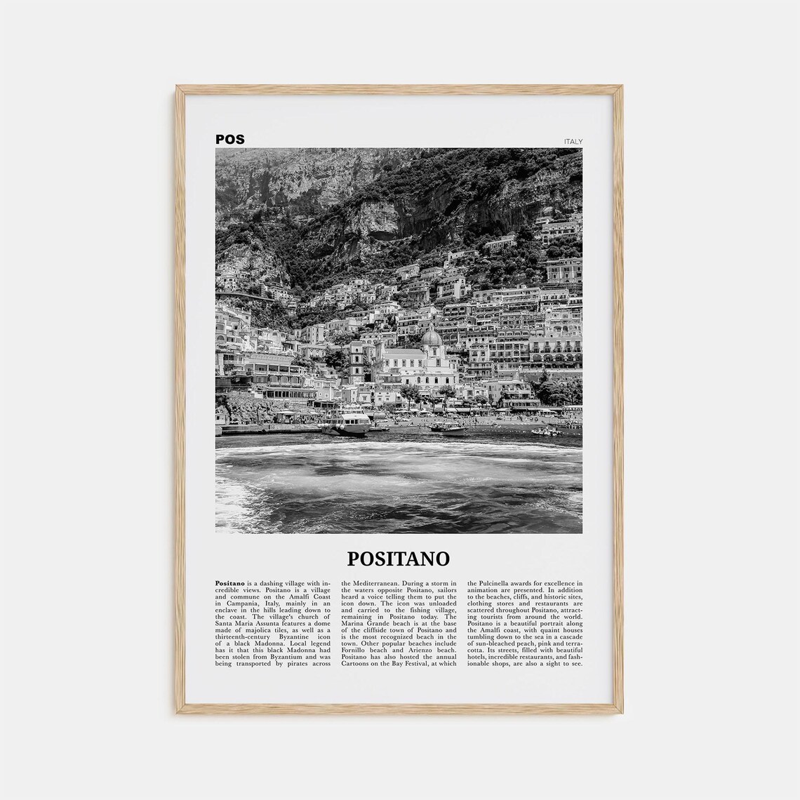 Positano Black and White Travel Poster, Amalfi Coast