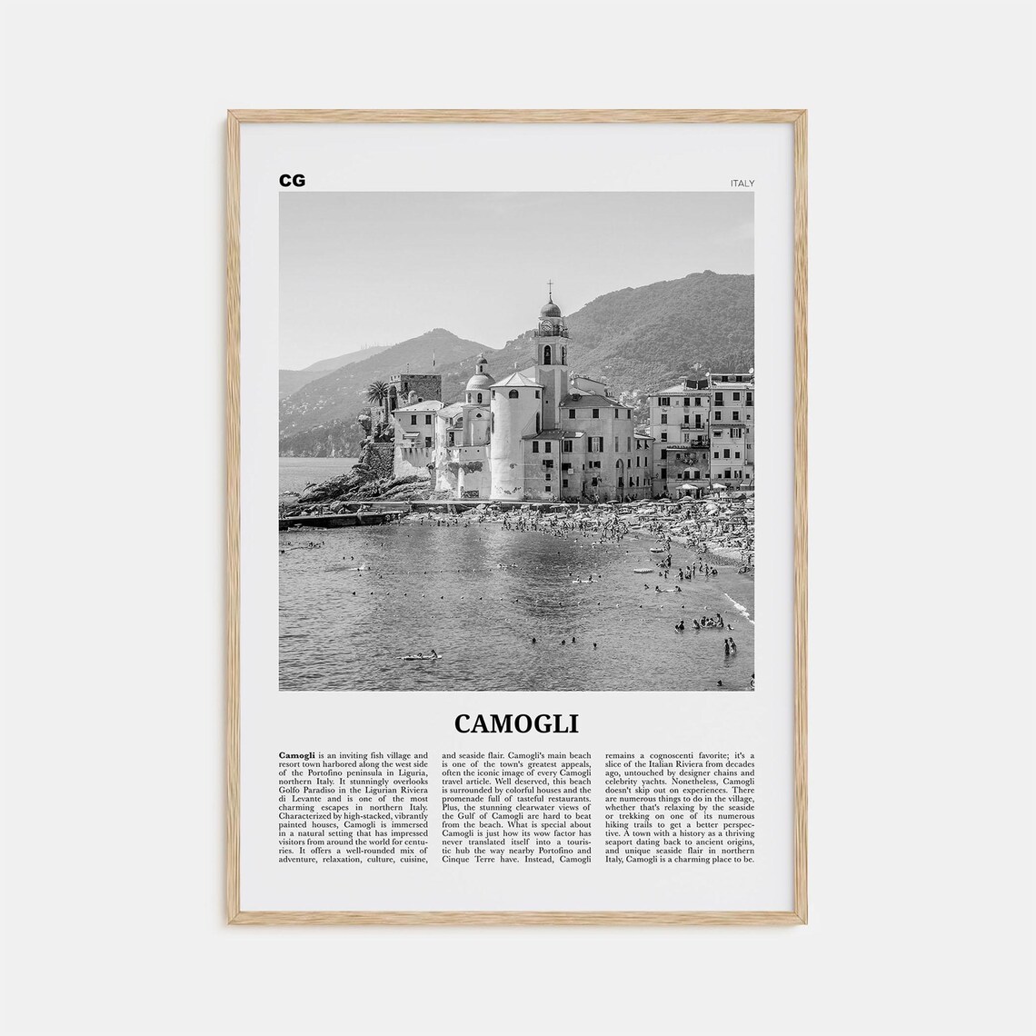 Camogli Black and White Travel Poster, Italy Map