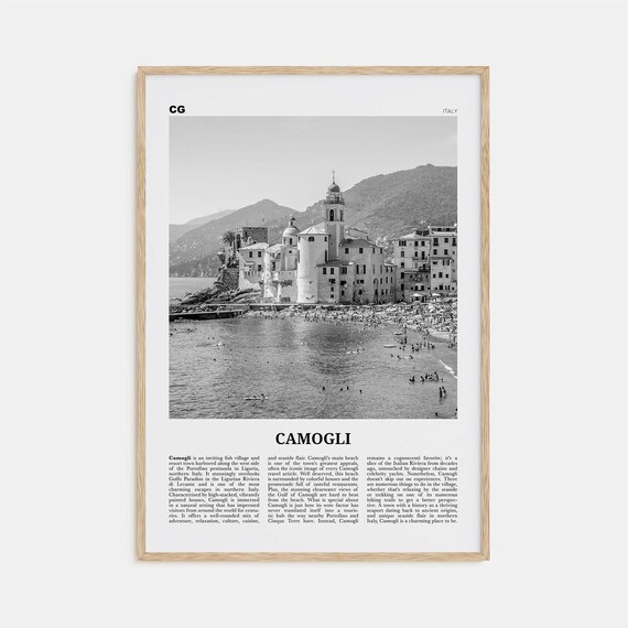 Camogli Black and White Travel Poster, Italy Map