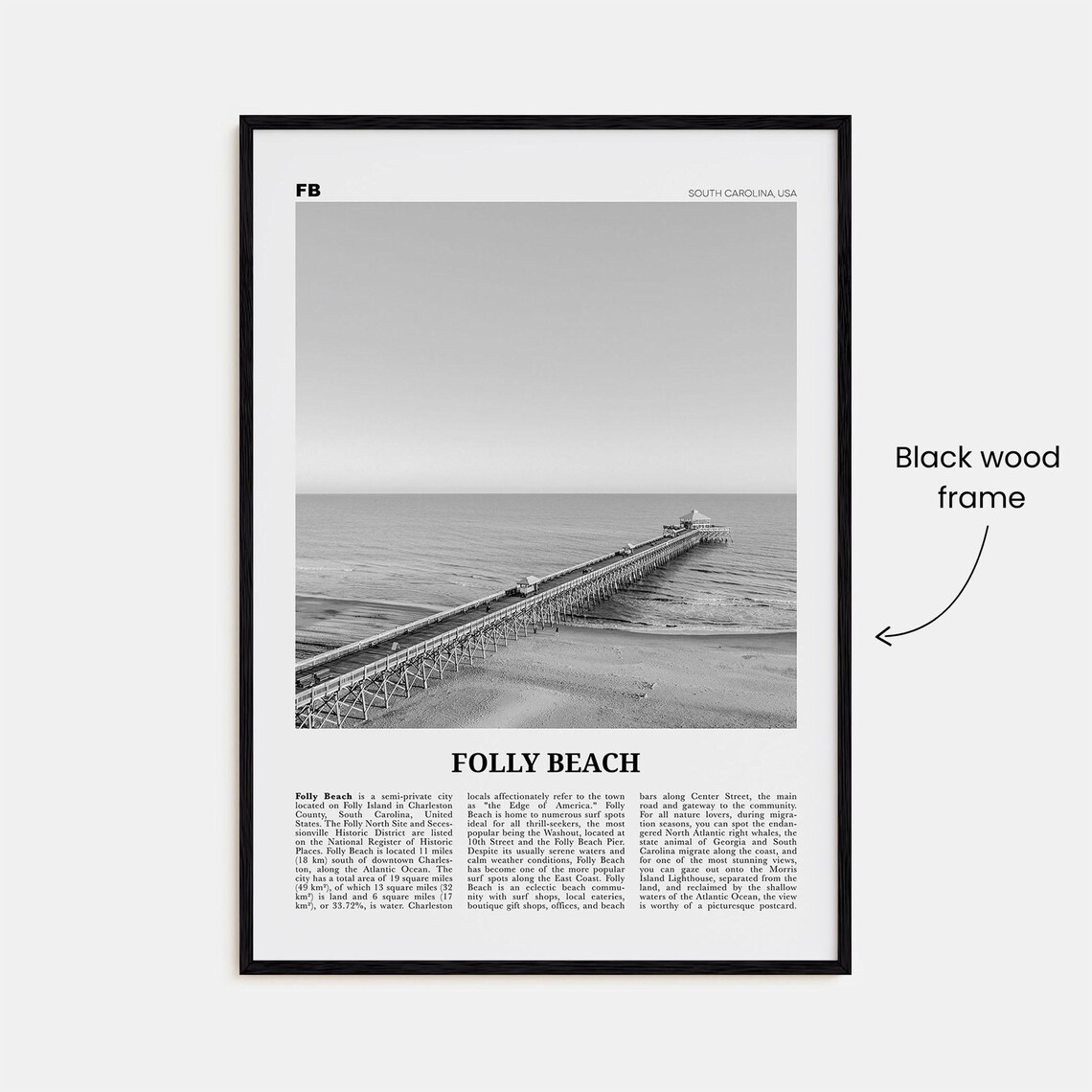 Folly Beach Black and White Travel Poster, South Carolina - Image 3