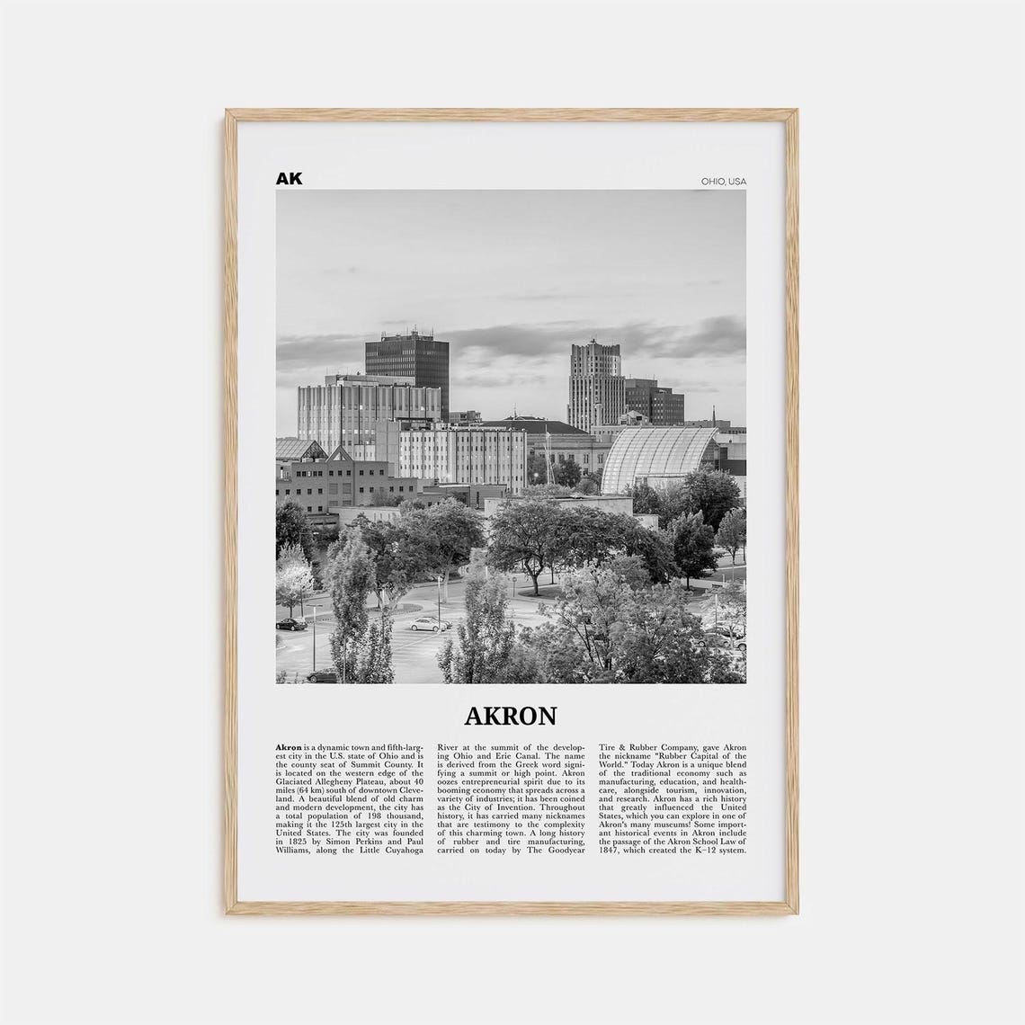Akron Black and White Travel Poster, Ohio, USA