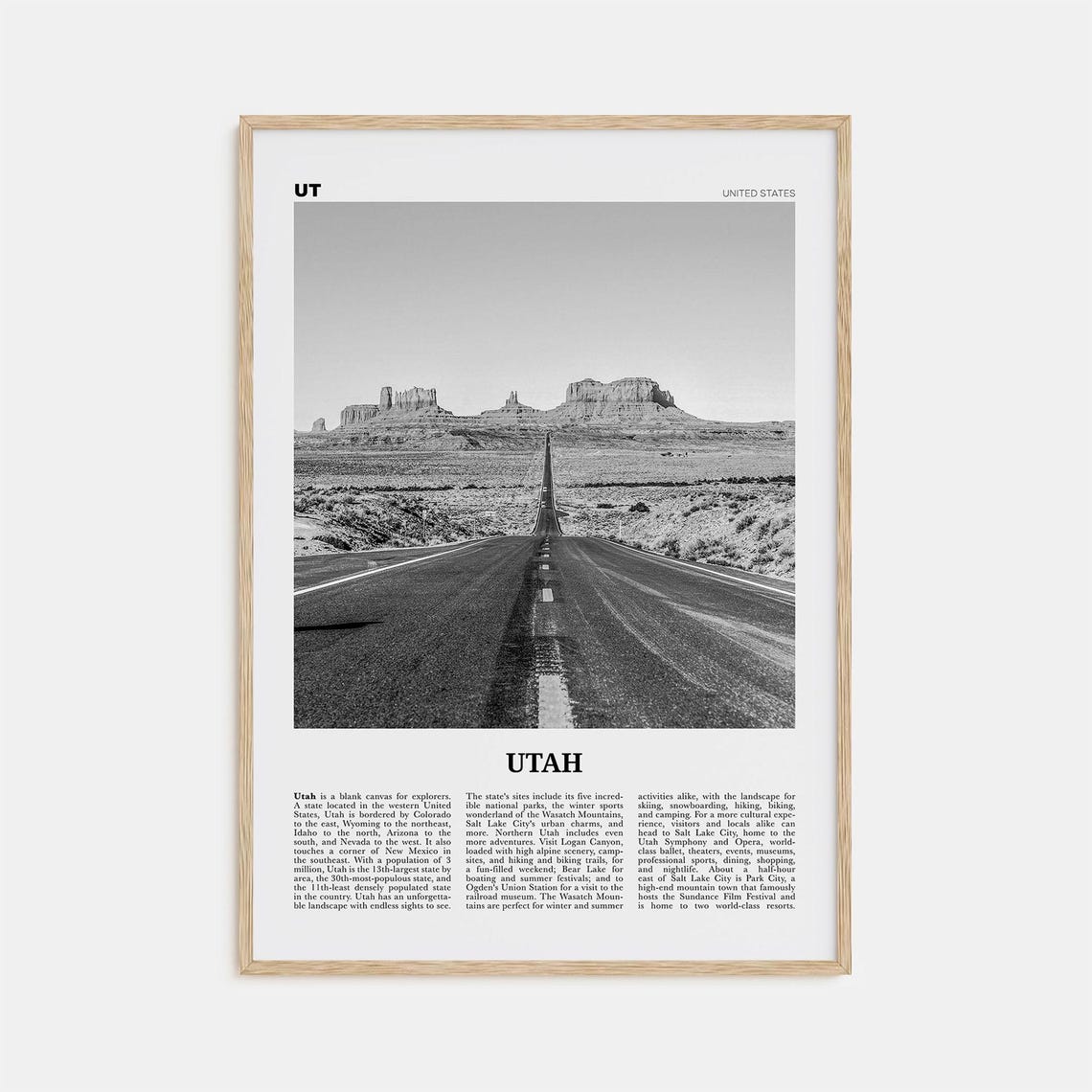 Utah Black And White Travel Poster, USA State Art