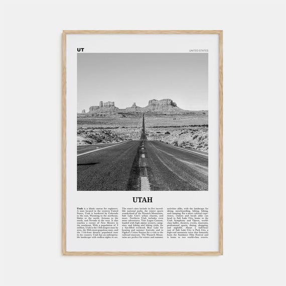 Utah Black And White Travel Poster, USA State Art