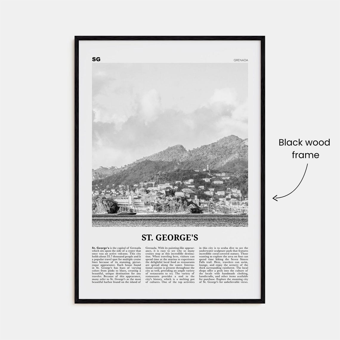 St Georges Grenada Travel Poster, Black And White - Image 3