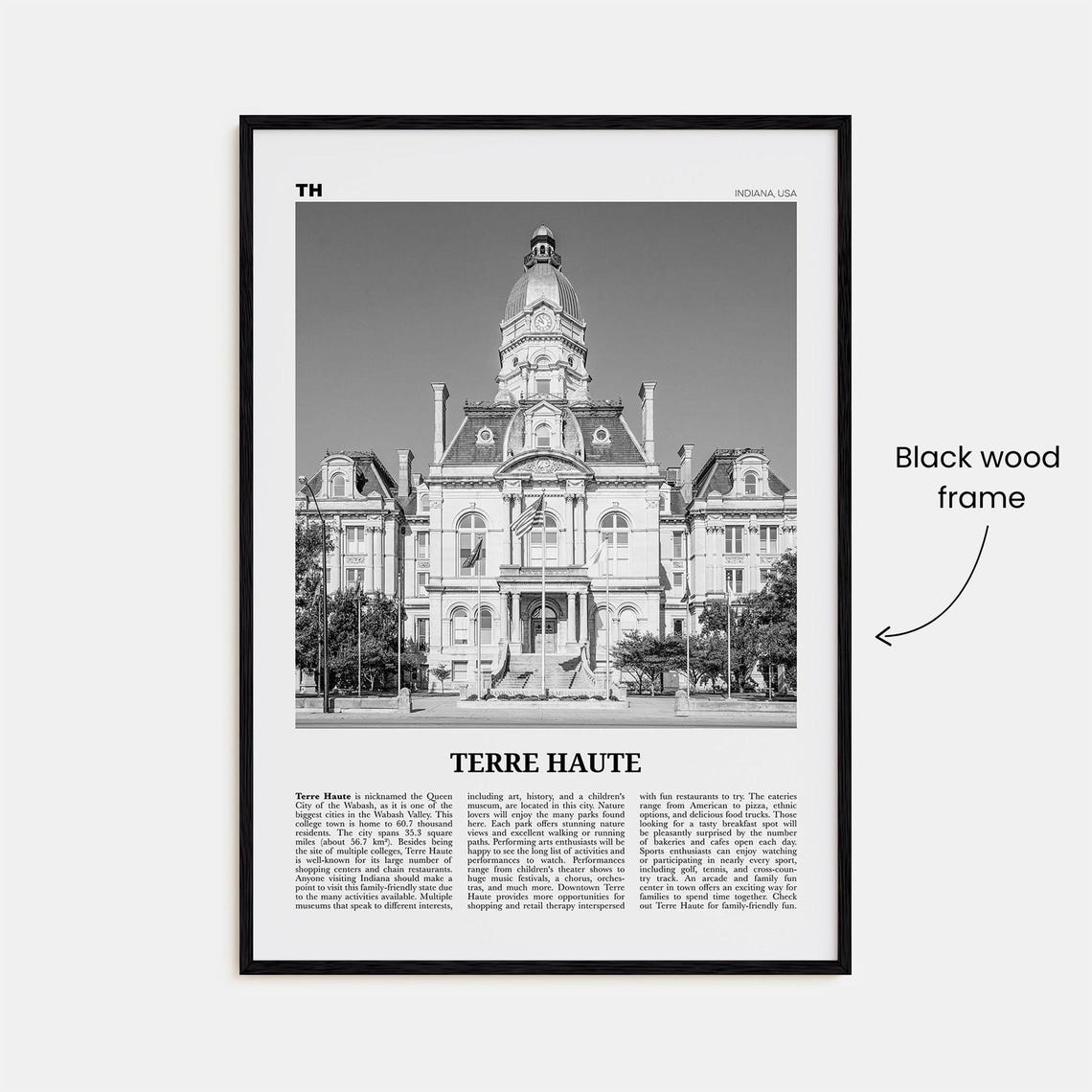 Terre Haute, Indiana Black and White Travel Poster - Image 3