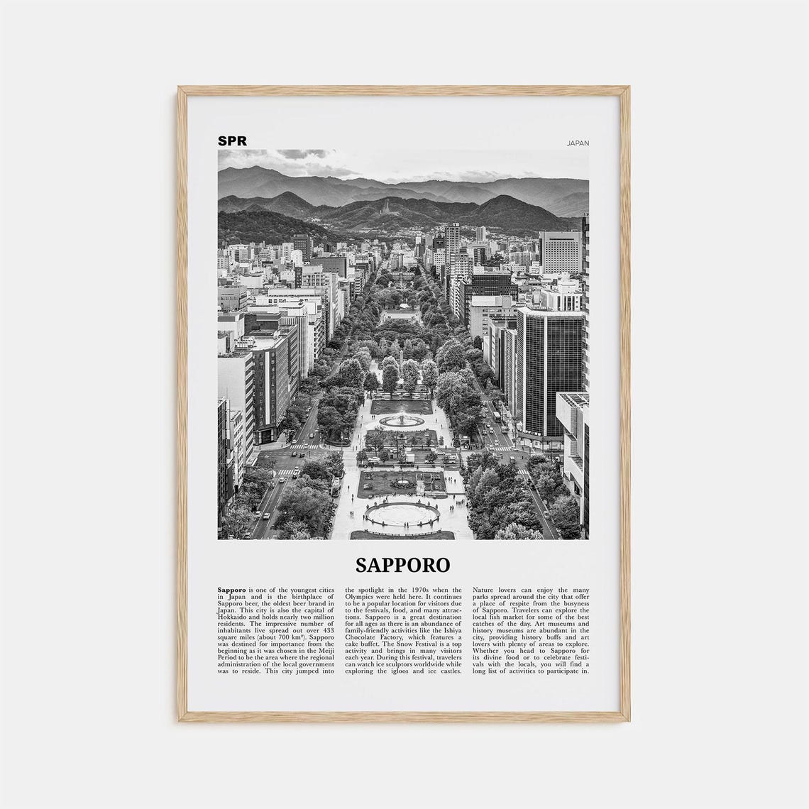 Sapporo Black and White Travel Poster, Japan Map