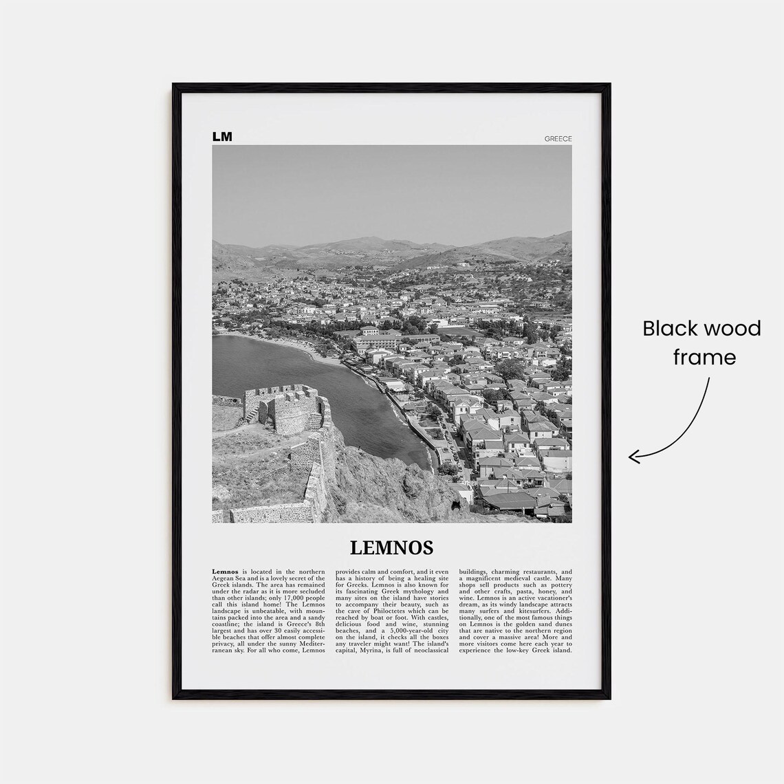 Lemnos Map Greece Travel Poster, Black And White - Image 3