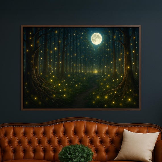 Framed Firefly Forest Canvas Art Moonlit Night Scene