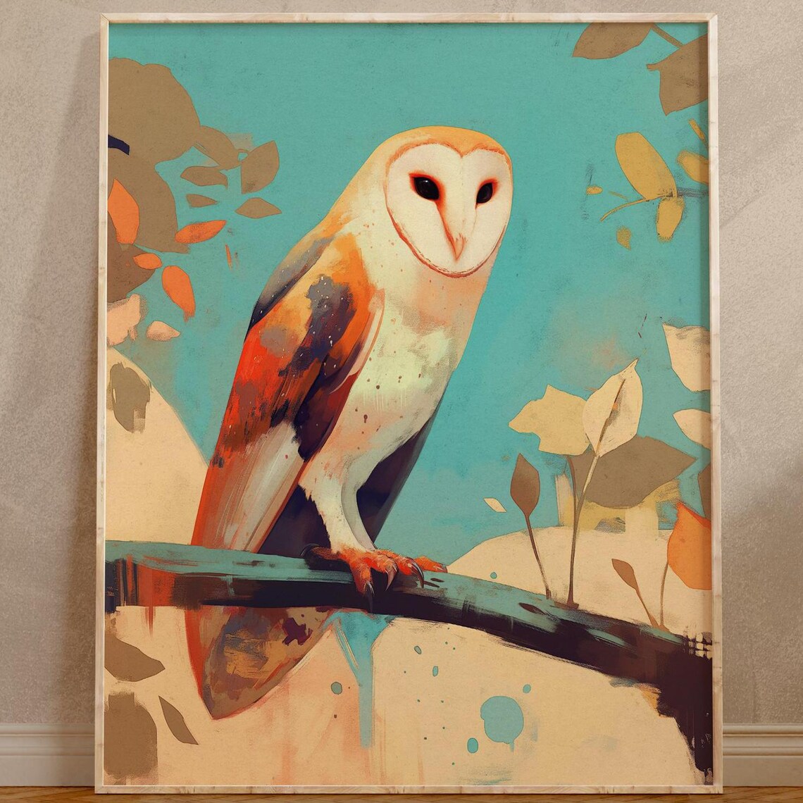 Barn Owl on a Branch in Teal and Coral Watercolor Style Poster