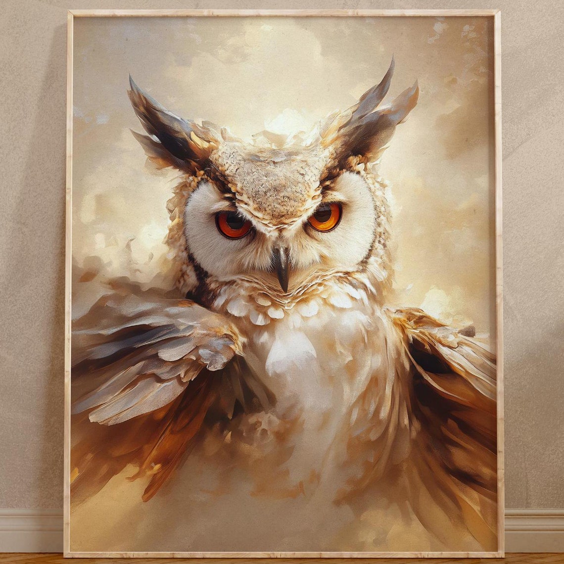 Fierce Great Horned Owl Close-Up with Intense Orange Eyes Poster