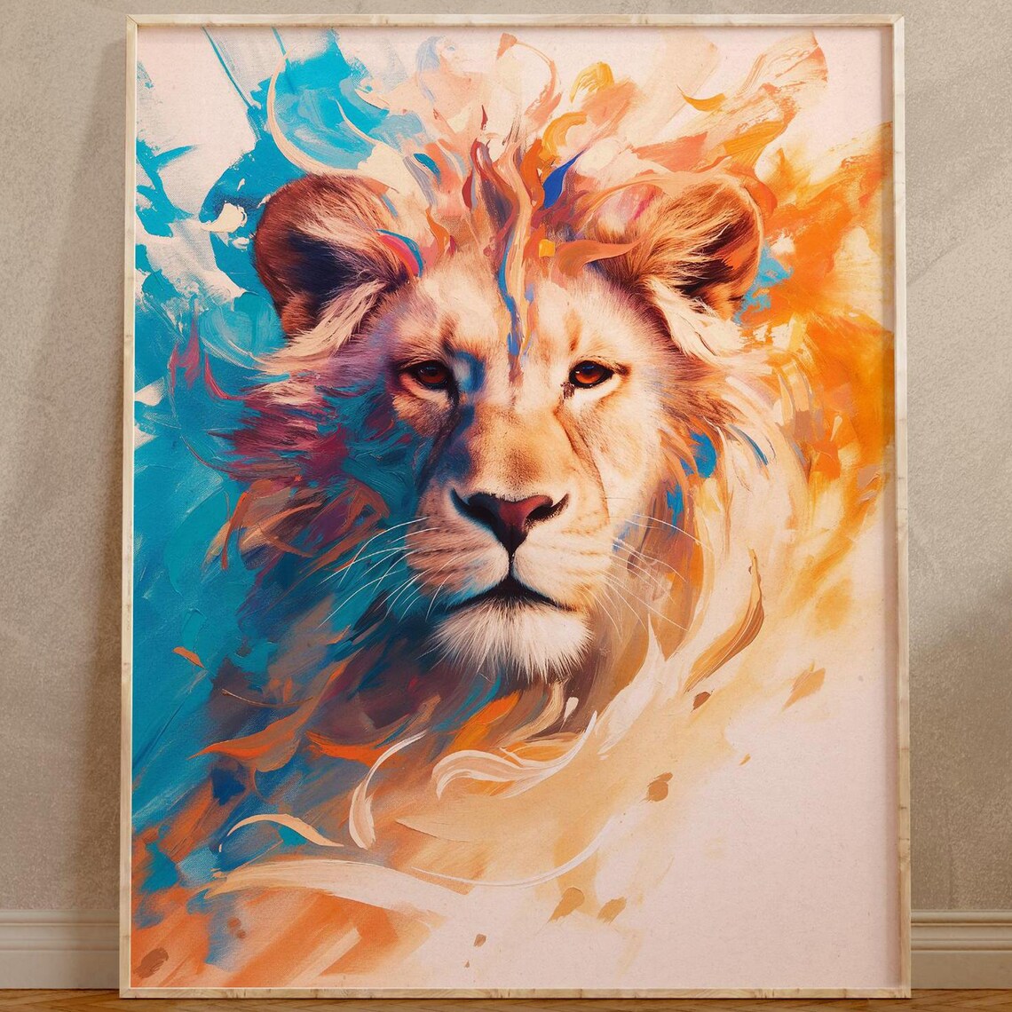 Colorful Lion Portrait With Turquoise and Orange Abstract Brushstrokes Poster - Image 5