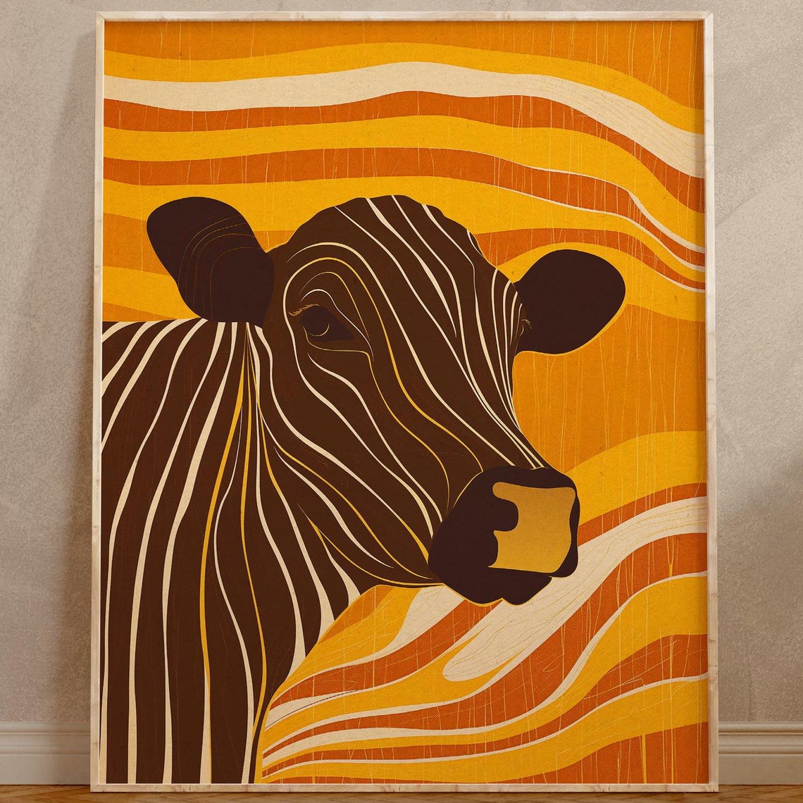 Retro Striped Cow Head on Orange Wavy Sunburst Background Art Poster - Image 5