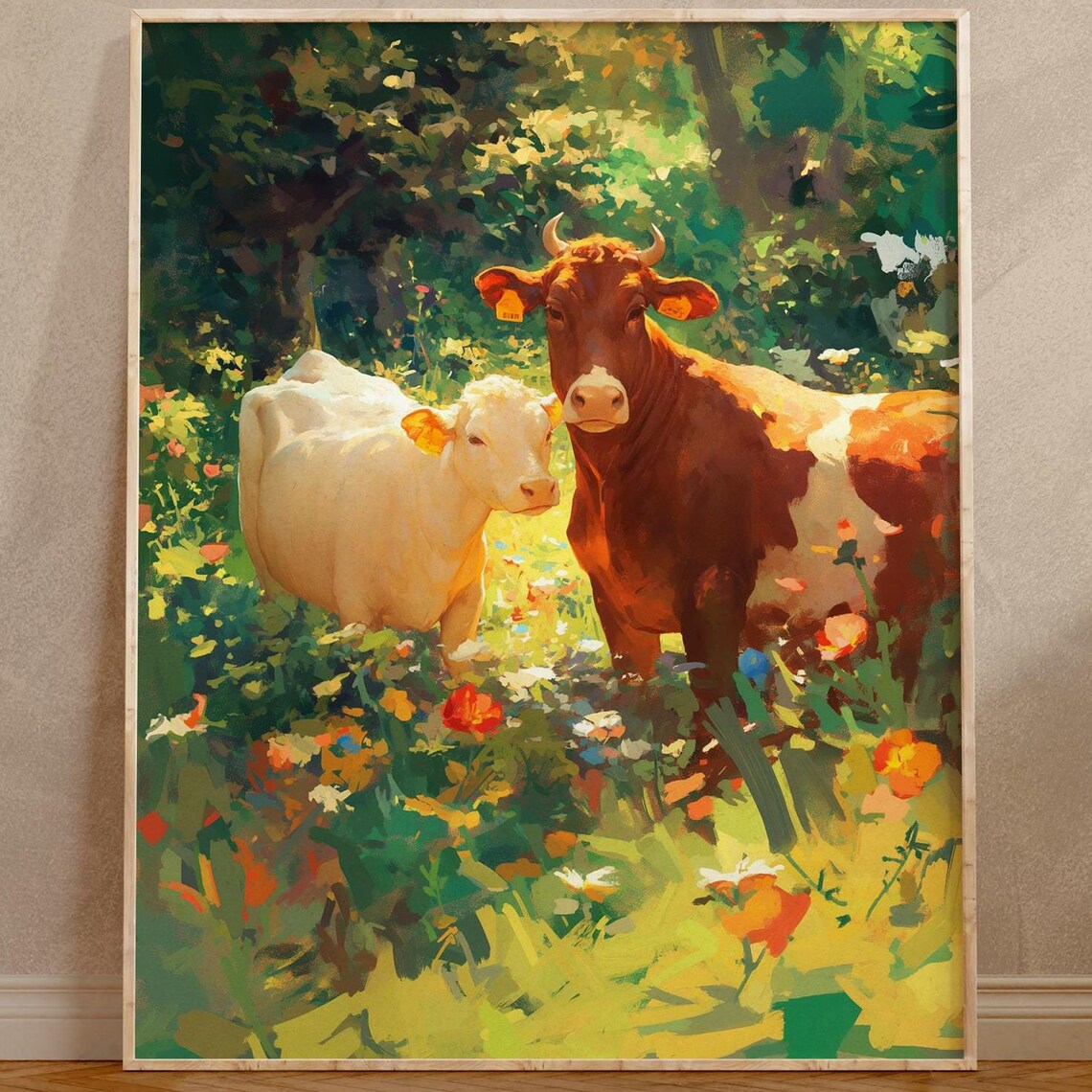 Brown Cow and White Calf in a Sunny Wildflower Meadow Poster - Image 2
