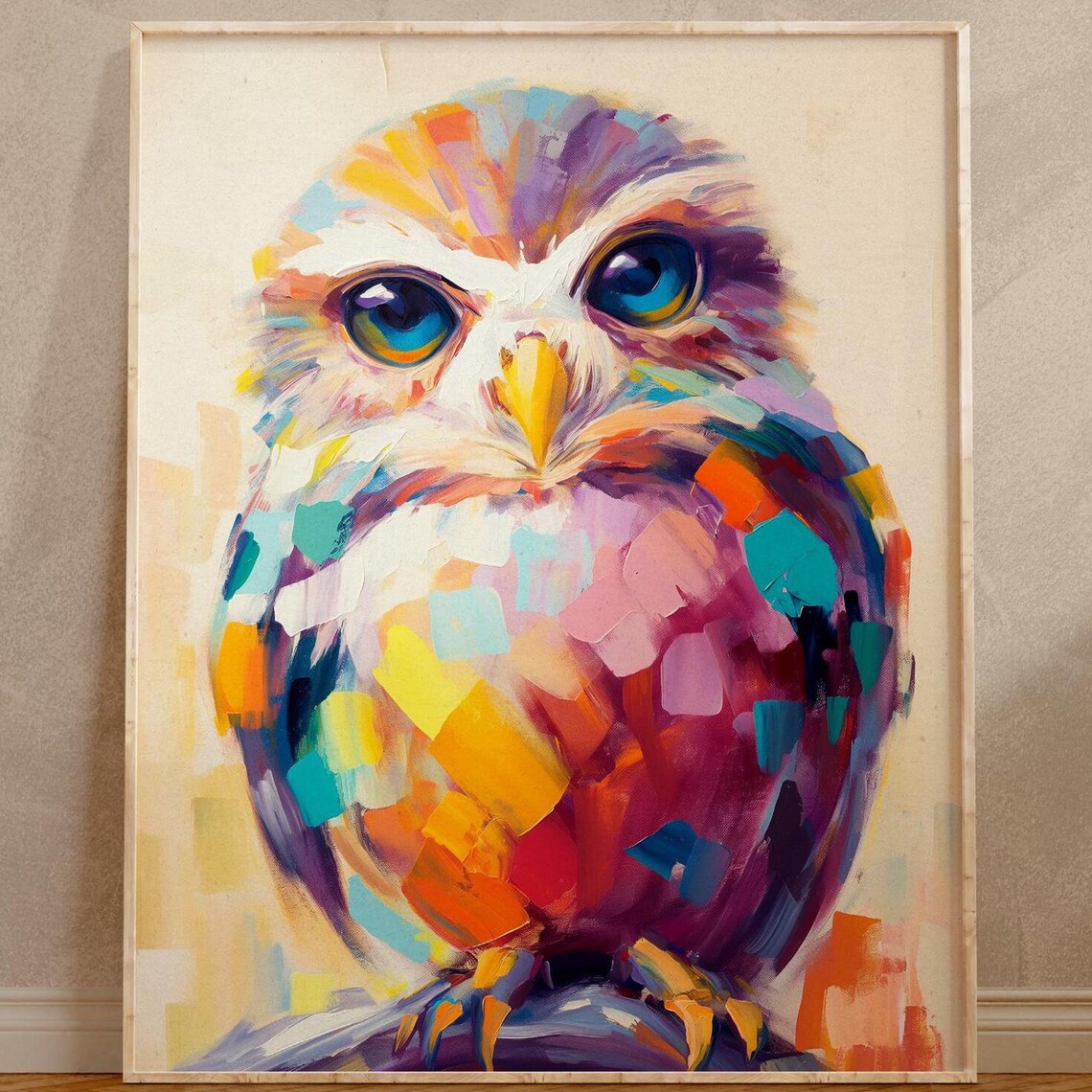 Colorful Mosaic Owl With Striking Blue Eyes on Cream Background Poster