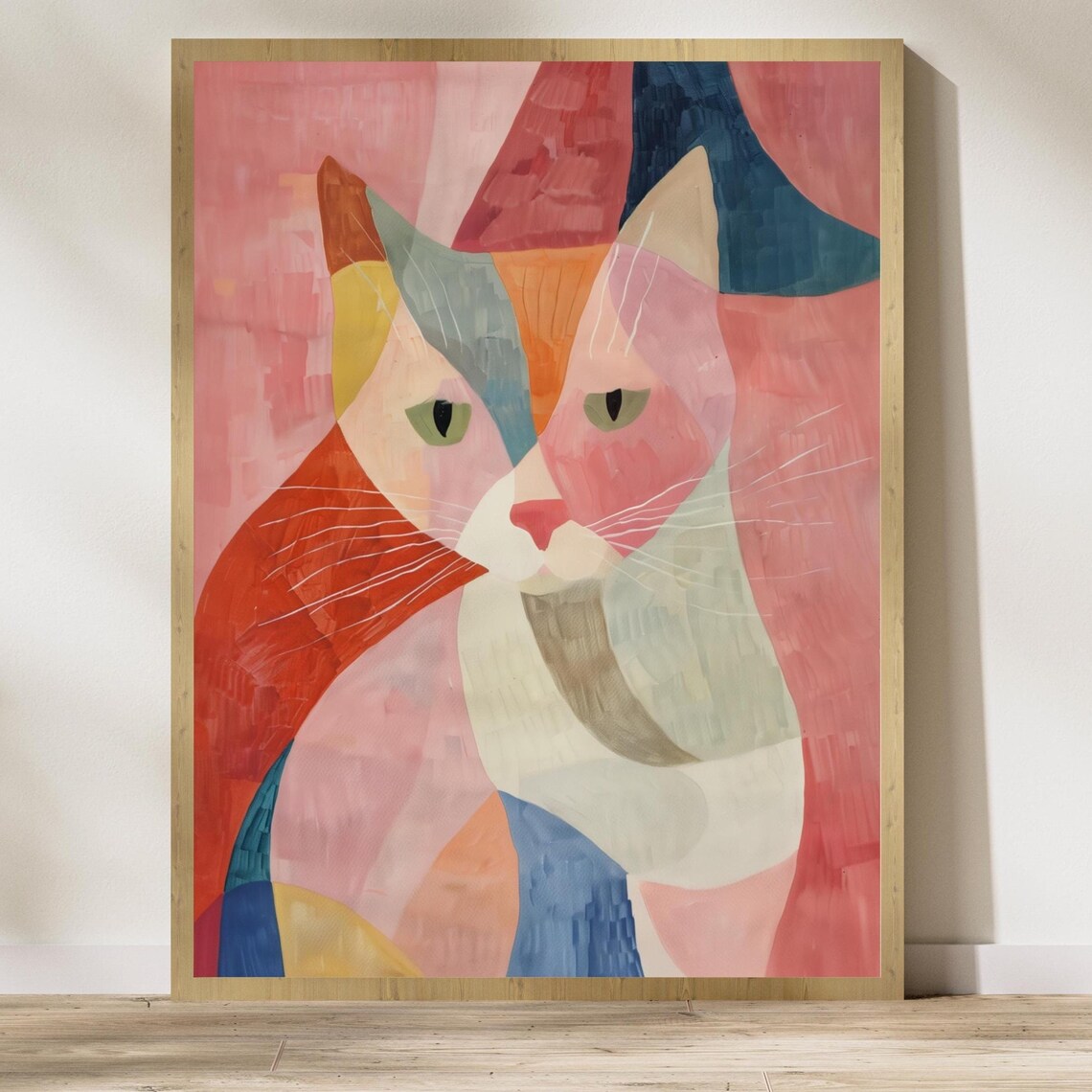 Colorful Abstract Cat Portrait Cubist Pink Blue Modern Art Poster