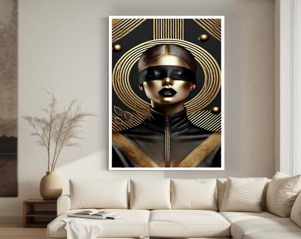 Elegant Black and Gold Woman Blindfolded Art Deco Portrait Wall Poster
