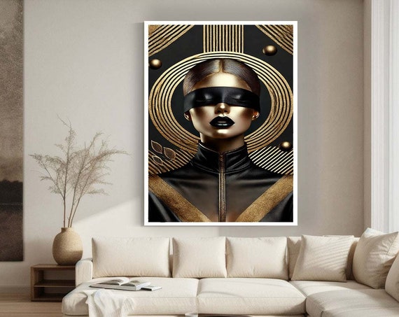 Elegant African Woman Canvas Art Black Portrait With Gold Afrocentric Wall Decor Modern Glam Female Print