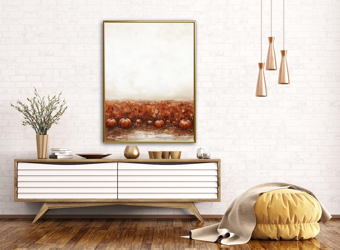 Row of Orange Pumpkins in Rust Field Under Pale Sky Fall Mood Wall Art - Image 2