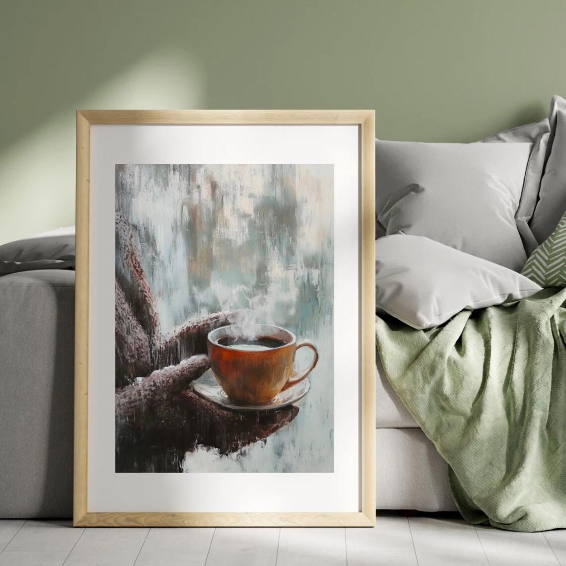 Steaming Tea Cup Held In Knitted Gloves Frosty Window View Winter Poster - Image 4